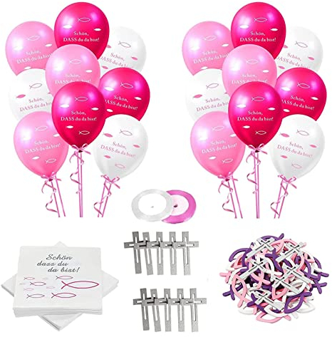 Kommunion Deko,132 Stücke Kommunion Konfirmation Mädchen,36 Stück Servietten 'Schön, DASS du da bist!', Tischdeko Mädchen Taufe+ 24 Luftballons +66 Stücke Holz Fische Deko,für Taufe (Rosa)