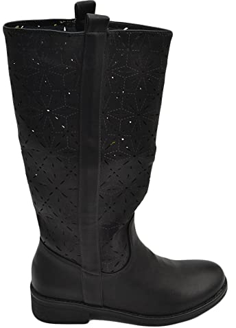Stivali Donna Nero Altezza Biker Tinta Unita puntinati traforat Polpaccio Morbido con Fibbia Gomma Antiscivolo Glam Moda (40 EU)