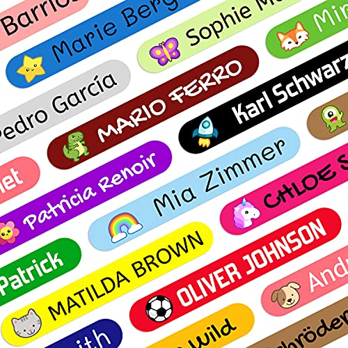 Namensaufkleber Kinder für Schule (500 Stück) - Personalisierte Aufkleber mit Namen für Stifte und Bleistift. Farbige Etiketten wasserfest. Größe 4,6 x 0,6 cm.