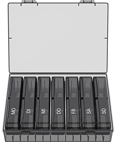 WELLGRO Tablettenbox für 7 Tage - Pillendose je 2 Fächer pro Tag - Klappdeckel mit Druckverschluss - Aufbewahrungsbox - BPA-freier Kunststoff, Farbe:Schwarz
