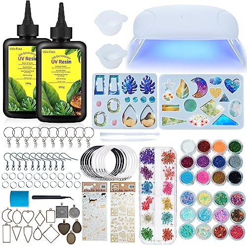 Vida Rosa 200 ml UV-Harz-Kit mit UV-Lampe, Starter-Set für die Schmuckherstellung und -beschichtung, Ohrringhaken, Halskettenkette, 2 Formen, Zubehör, Glitzer, Trockenblume, schnelle Aushärtung