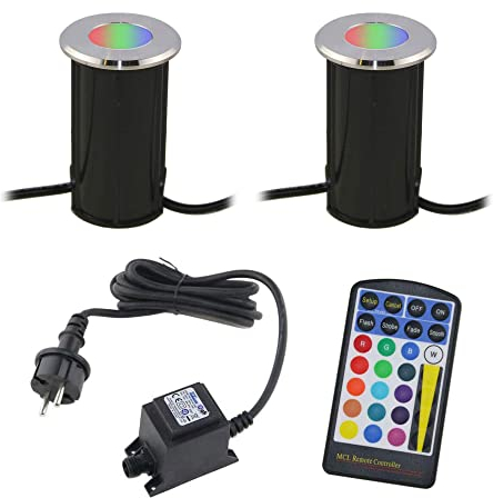 VBLED Gartus® 2er SET RGBW LED Bodeneinbauleuchte Bodenstrahler außen IP67 befahrbar in rund gebürstet, Anschlusskabel 1W 12V AC/DC