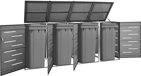 Goliraya Quadruple Wheelie Garbage Bin Shed, Wheelie Bin Hideaways, Bin Store, Trash Bin Shed Outdoor Garbage Cover Bin Storage Unit Lockable Garbage Bin Shed 276.5x77.5x115.5 cm Stainless Steel