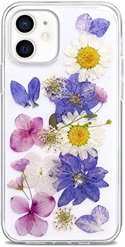 Efitoo for iPhone 12/iPhone 12 Pro Case Dried Pressed Flower Cute Clear with Design Glitter Sparkle Soft Silicone TPU Rubber Real Floral Aesthetic Women Girls Purple Daisy Phone Case (Grape Flower)