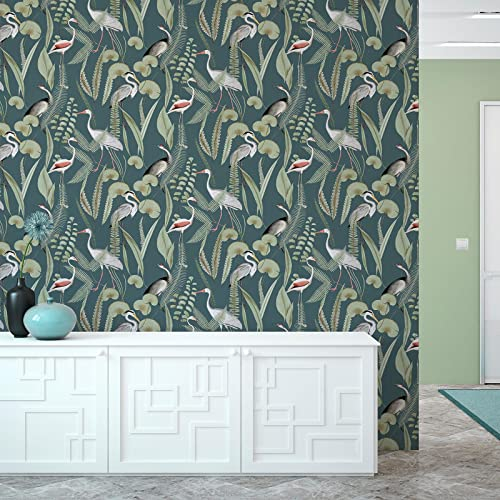 Muriva Eden Kivu Birds Water Plants Wallpaper Dark Green M37414