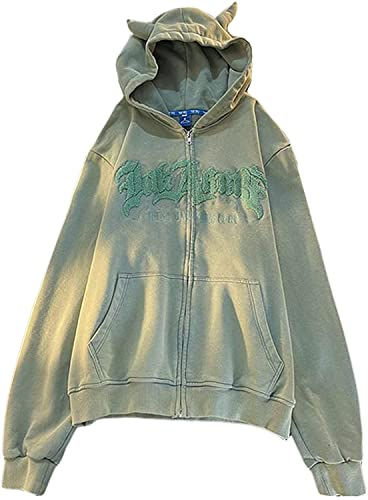 Vagbalena Frauen Harajuku niedlich Teufel hörner Hoodie Jacke Teenager mädchen ästhetische Punk Buchstaben gedruckt ärmel super David Kleidung mit Taschen Hoodie Jacke (Grün,M)