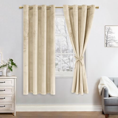 JIUZHEN Verdunklungsvorhang Samt Gardine Vorhang Blickdichte Thermovorhänge | 2er Set Grün Samtvorhang mit Ösen Vorhänge Deko Schlafzimmer Wohnzimmer,140x175cm (BxH),Beige