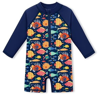 Baby Langarm UV Shirt UPF 50+ Rundhals Einteiliger Badebekleidung Navy blau & Fisch 18-24 Monate