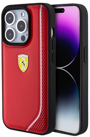 CG MOBILE Ferrari Kompatibel mit iPhone 15 Pro Hülle Rot mit Reflektierender Linie, PU Leder, Anti-Kratzer, Glatte Schutzhülle mit Easy Snap-on, Stoßdämpfung & Signature Logo, (FEHCP15LPNYR)