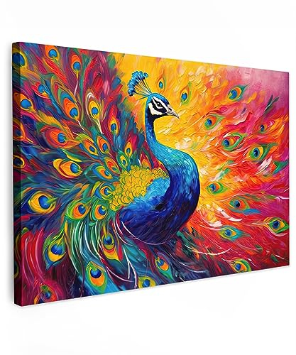 MuchoWow© Impression sur Toile Peinture 120x80 cm Tableau Mural Decoration Salon Reproductions de Tableaux Murale Moderne Paon - Art - Peinture à l'huile - Plumes de paon