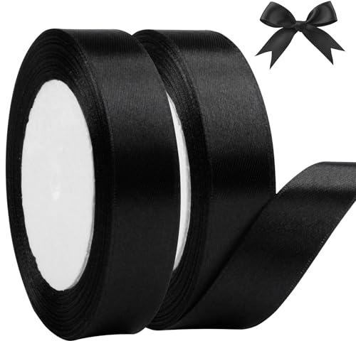 AWCIGG® Ruban de Satin Noir 20mm x 44m, Ruban Satinée pour Emballage Cadeau, Couture, Artisanat, Ballons, Coffrets, Bouquets, Funéraire, Halloween, Décoration de Noël et Mariage (22m/rouleau)