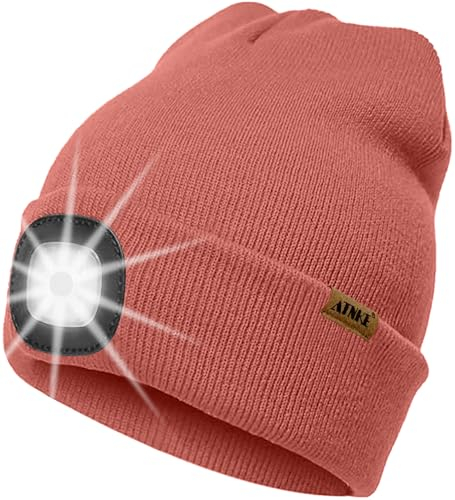 ATNKE LED Beleuchtete Mütze mit Licht,Wiederaufladbare USB 4 LED Beleuchtete Laufmütze Extrem Heller Lampe Winter Warme Stricken Mütze Technik Geschenke für Herren und Damen/Bean Paste Powder