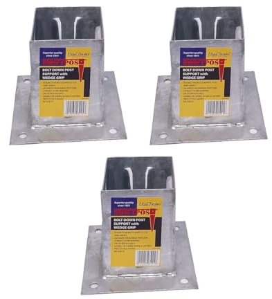 3 x Fence Post Holder 75mm posts Support Bolt Down Shoe Anchor Wedge Grip Galvanised for 75mm x 75mm posts (3) Eliza Tinsley Swiftpost, Pack of 3