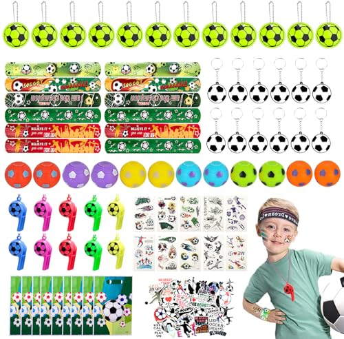 FIHODONE 140 Stück Fussball Geschenke Jungen,Mitgebsel Kindergeburtstag Football Deko,Kindergeburtstag Mitgebsel Set mit Trillerpfeife Schlüsselanhänger Fussball Tattoos Mädchen Mitgebsel Tüten