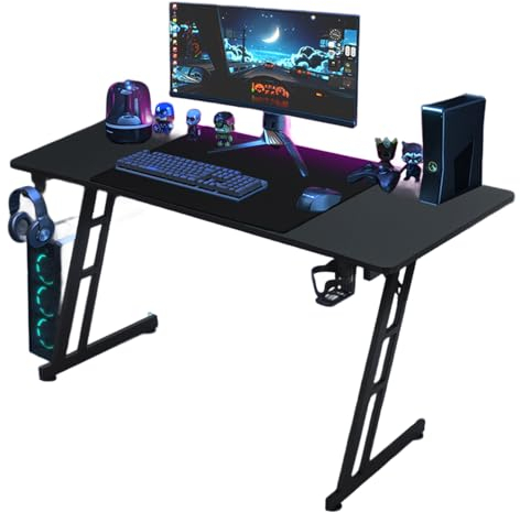 AufuN Table de Jeu Bureau Gaming Table Gaming, 120 x 60 cm, Crochet pour Casque et Porte-gobelet, Bureau d'ordinateur Stable, Bureau Debout pour Ordinateur(Type B sans LED)