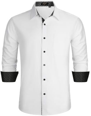 HISDERN Mens Dress Shirts White Long Sleeve Formal Shirts Regular Fit Shirt for Men Business Button Casual Slim Shirt L