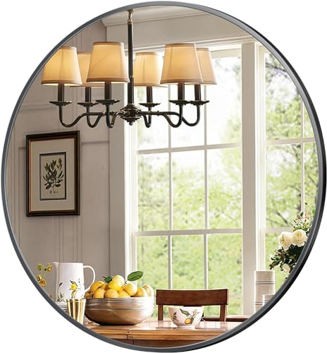 antok 80cm Spiegel Rund Schwarz Dekorative Wandspiegel für Bad, Eitelkeit, Wohnzimmer, Eingangsbereich Rund Schwarz Spiegel eingefasst im edlen Aluminium Rahmen