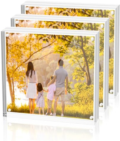 Sezanrpt Acrylic 4x4 Inch Square Picture Frame 3 Pack, Magnetic Photo Frames for 4x4 or 3x3 Pictures Display, Clear Double Sided Freestanding Picture Frames, Desktop Ticket Display