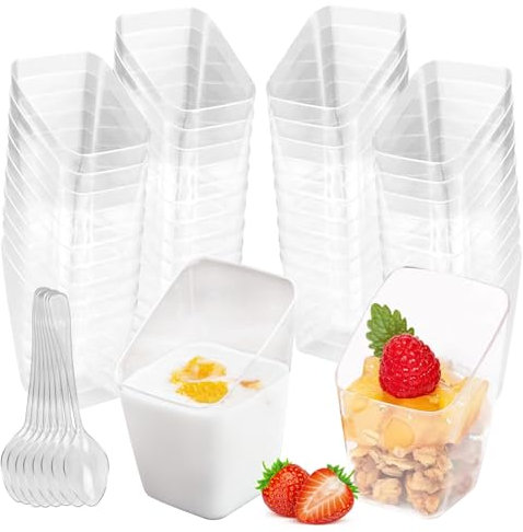 LPAMABA 50 Pz Coppette Dessert Plastica Riutilizzabili da 90ml,Ciotole per Dolci al Cucchiaio,Bicchieri per Coppe Gelato con Cucchiai Plastica Riutilizzabili,Tazze da Dessert per Dessert Budino Mousse