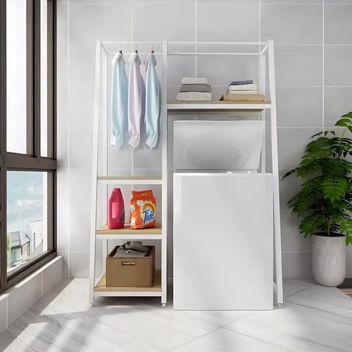 TNZUMCSX Estante de Almacenamiento para Lavadora de Tambor con estantes de 4 Niveles, gabinete de Metal para Lavadora con Barra para Ropa sobre la Lavadora y Secadora, Estante de Almacenamiento para