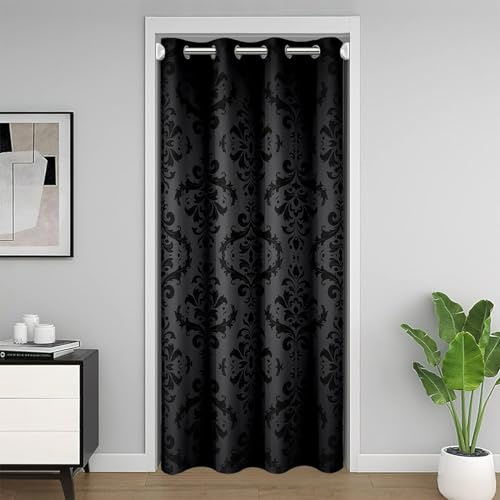 Homemissing Schwarz Damask Muster Türvorhang 86x203cm Kinder Vintage Floral Vorhang für Jungen Mädchen Antique Viktorianisch Barock Türvorhang für Innentür Raumteiler Barockstil Vorhang