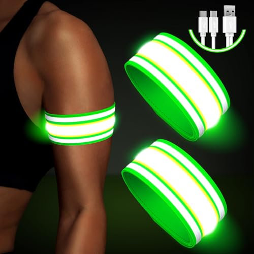 Led Armband Aufladbar,2 Stück Reflective LED leucht Armbänder Lichtband Kinder Leuchtbänder USB Reflektorband Leuchtarmband Reflektorband Nacht Sicherheits Licht für Joggen Laufen Running (Green)