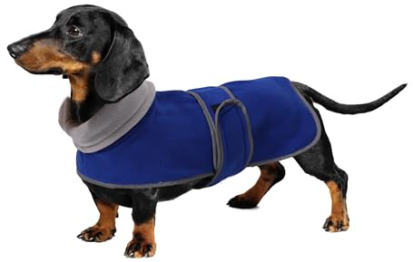 Geyecete -Gemütlich Polarfleece Winter hundemantel fur Dackel,Miniatur Dackel Fleece hundepullover,Hoher Kragen warmes Hundeveste mit Geschirr öffnung,Einstellbar kleine Hundejacke-Blau-S