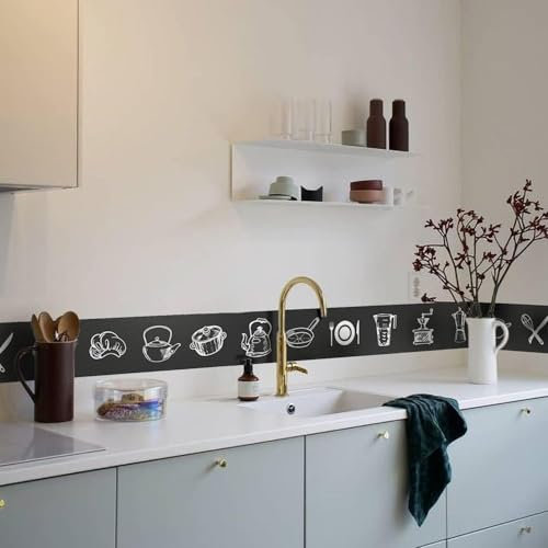 Funlife 5 Rolle Selbstklebend Bordüre, PVC Tapete Bordüre Selbstklebend Wandtatoo für Küche Bad Fliesen, Wandbordüre Selbstklebend Klebefolie Borte Raumdekoration wasserdicht, Motive,10x1000cm,Schwarz