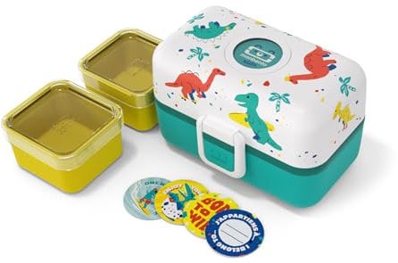 monbento - Lunchbox Kinder MB Tresor blau Dino - Brotdose Kinder mit 3 Fächern - Ideal für Mittagessen oder Snacks in Schule/Picknick - BPA Frei & Sicher - Lunchbox Personalisiert - Dinosaurier