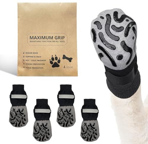 4 Stück hundesocken Anti rutsch | hundesocken gegen lecken | verstellbare antirutschsocken Hund | pfotenschutz Hund für ältere auf Hartböden im Innenbereich (Schwarz, XS)