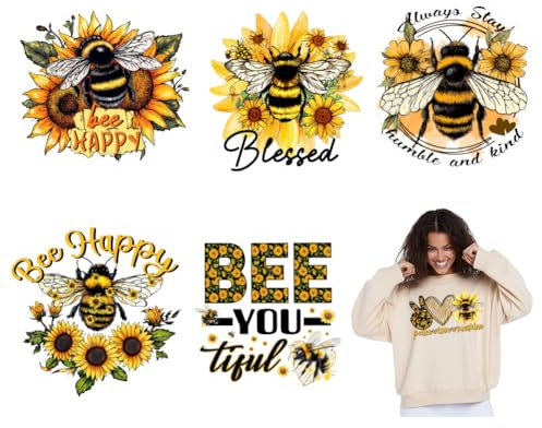 SUPERDANT 6PCS Bee Sunflower Iron on Transfer Paper Flower Heat Transfer Sticker Iron-on Decals DTF Transfers Ready to Pressfor for Clothing T-Shirt Hoodie Bags Jackets Jeans DIY Crafts 20x20cm