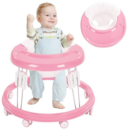 Girello pieghevole, multifunzione, anti-ribaltamento, regolabile in altezza a 5 livelli, per bambini da 6 a 15 mesi, adatto per tutti i terreni (rosa)