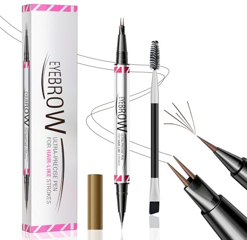 Microblading Eyebrow Pen, Dual Ended Eyebrow Pencil with 2 Micro-Fork-Tip, 3D Waterproof Smudgeproof Eye Brow Pencil with Brow Brush, Liquid Brow Pencil for Natural Looking Defined Eyebrows (Brown)