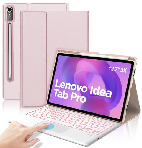 SENGBIRCH Tastaturhülle für Idea tab Pro 12.7 2025 - QWERTZ Deutsche 7 Farben Beleuchtete Touchpad Abnehmbare Bluetooth Wireless Tastatur für Idea tab Pro 12.7 Zoll 2025, Hellrosa