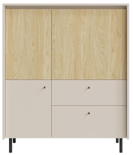 Lomadox Wohnzimmer-Highboard 104 cm breit, in beige mit Eiche, modern, 3-türig, 2 Schubladen, Metallfüße