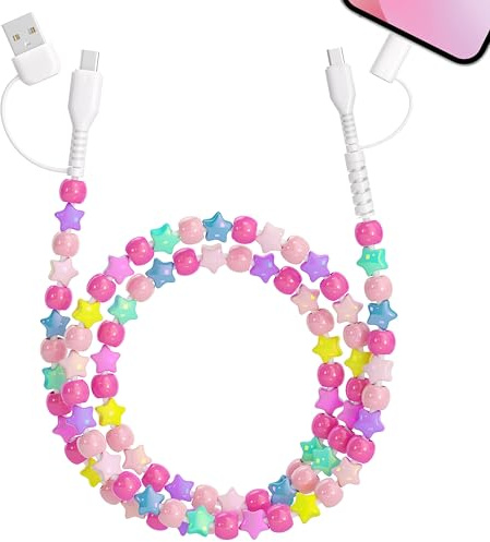Vunake USB C Charger Cable 4 in 1 Multi Charging Cable 1M 60W Type C Charger Cable Fast Charging Colorful Stars Beaded Phone Charger Cord for iPhone 17 16 15 Pro Max for iPad A16 Case- Colorful