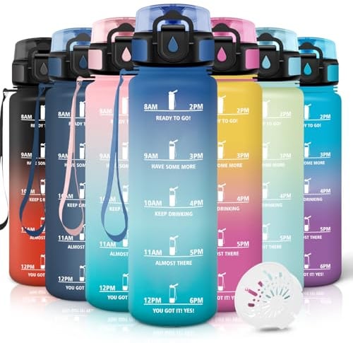 Motswedi Trinkflasche Sport, 1000ml Auslaufsicher, Trinkflasche Kohlensäure Geeignet, Mit Zeitstempel, Wasserflasche, Leichte, Flasche, Sportflasche, für Yoga, Fahrrad, Reisen, Blau&Grün