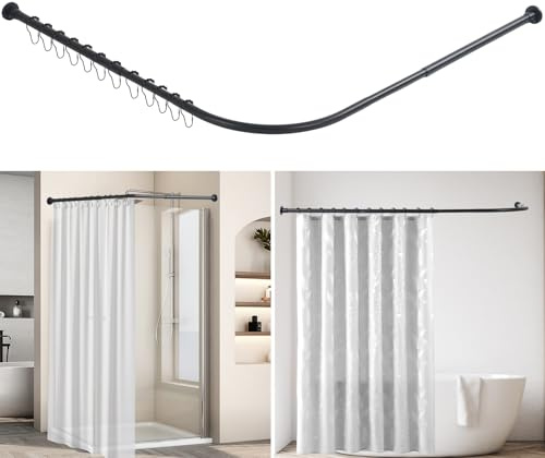 L Shaped Shower Curtain Rail, Extendable Shower Curtain Pole, Stainless Steel Curved Curtain Pole, Shower Curtain Rod with 12 Hooks for Bathroom Bathtub (Black, 68-138cm x 68-138cm)