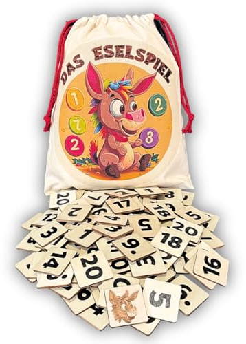 Mutou Das Eselspiel Eckig 2.0 – Volle Zahlen – 121 Teile aus Holz mit Stoffbeutel – Handgefertigtes Familienspiel - Lernspiel - Geschenk - Partyspiel - Gesselschaftsspiel - Reisespiel