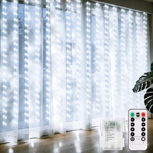 ZAIYW 144 LED Lichtervorhang Innen, 2,4M x 1,8M Lichterketten Vorhang Batterie mit Fernbedienung Timer 8 Modi, Wasserdicht Lichtervorhang Fenster für Hochzeit Party Innen Außen Deko (Weiß)