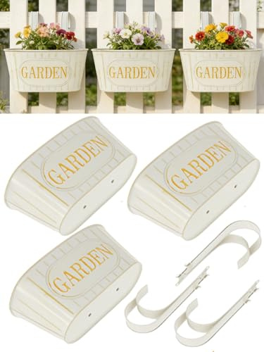 EHJAOOHH 3 Stück Blumentopf Hängend Balkongeländer 27cm Cremeweiß Große Hängende Blumentöpfe mit Abnehmbaren Doppelhaken Rostfrei Oval mit Ablaufloch für Gartenzaun Indoor Outdoor