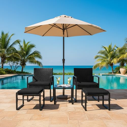 DazzlerE Table Jardin Exterieur avec Chaise 5 Pièces, 2 Fauteuil Rotin et 1 Table Basse Exterieur et 2 Tabourets, Table Exterieur avec Chaise, pour Cours, Balcons, Noir