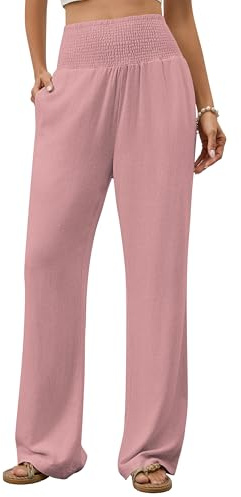 Homlan Pantalon pour Femme - Jambes Larges - Élégant - Décontracté - Décontracté - Taille Haute - Pantalon en Tissu léger - Taille plissée avec Poches, Rose, XXL