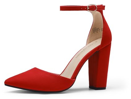 DREAM PAIRS Women's Coco High Heels Chunky Block Pumps Pointed Closed Toe Ankle Strap Dress Shoes,Size 6.5,Red/Suede,Coco
