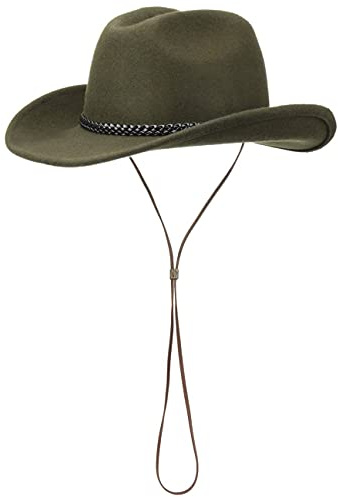 Lipodo Westernhut mit Kinnband Damen Herren 100% Wollfilz Made in Italy Rodeohut mit Lederband Cowboyhut Filz Sommer Winter Oliv L (58-59 cm)