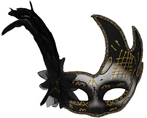 Maskerade Masken Kostüm Zubehör – Schwarze, weiße und goldene Maskerade Maske im klassischen Design mit Glitzer, dekorative Gesichtsmasken mit schwarzer Rose und Federn