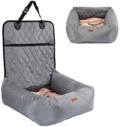 Hundebett Autositzbezug Pet Car Booster Seat 2 in 1 Front Back Protector Pet Lookout Tragbarer Autositzabdeckung Hundetransport Vordersitz mit dickem Zwinger und Sicherheitsgurt (Grau, M)