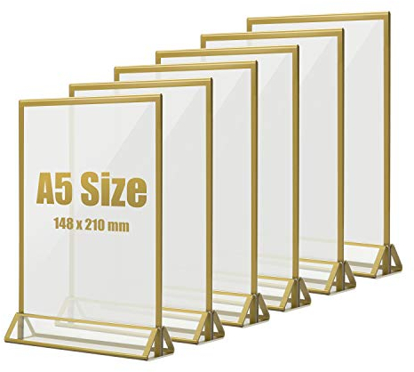 TOROTON A5 Thekenaufsteller, Goldenes Seitenklares Acryl Werbeaufsteller T-Aufsteller Tischaufsteller für Hochzeitsparty - 6 Stück (14,8 x 21 cm)