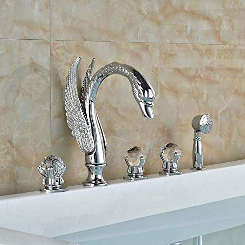 Linyuan Crystal Knob Swan Goldene Badewanne Wasserhahn Deck montiert 5 Löcher Weit verbreitete Wanne Mischbatterie mit Handbrause-Chrome A.