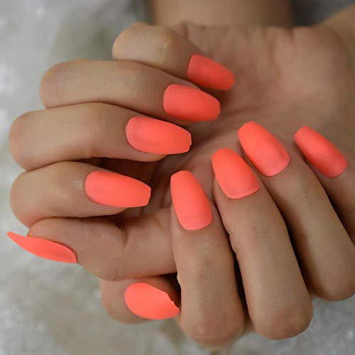 CSCH False Nails Neon Orange Press On Nails Ballerina Matte Faux s Solid Color Medium Manicutre Art Tips with Adhesive Tabs